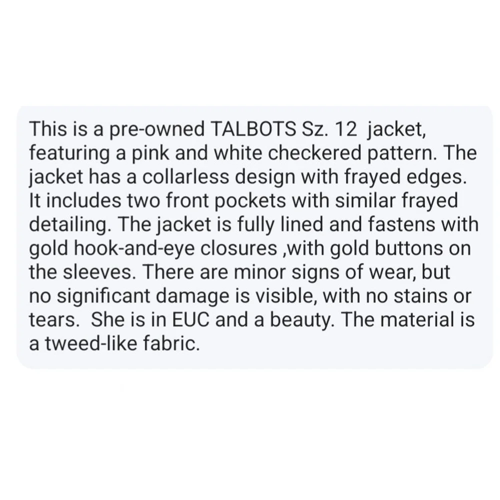 💐EUC TALBOTS Blazer Jacket Pink White Checkered Tweed Fringe Sz. 12 - Picture 14 of 14